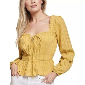 Lost +Wander Gold Peplum Top Sz M Sweet As Honey Long Sleeve Tie Front NEW